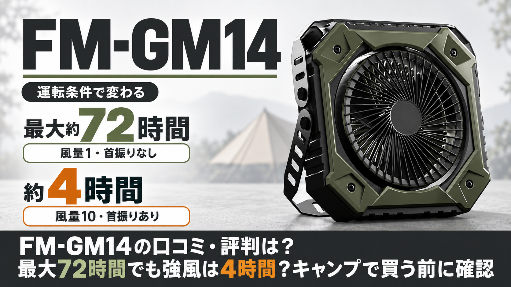 FM-GM14オリーブグリーンと、風量1・首振りなしで最大約72時間、風量10・首振りありで約4時間の運転条件を示すアイキャッチ